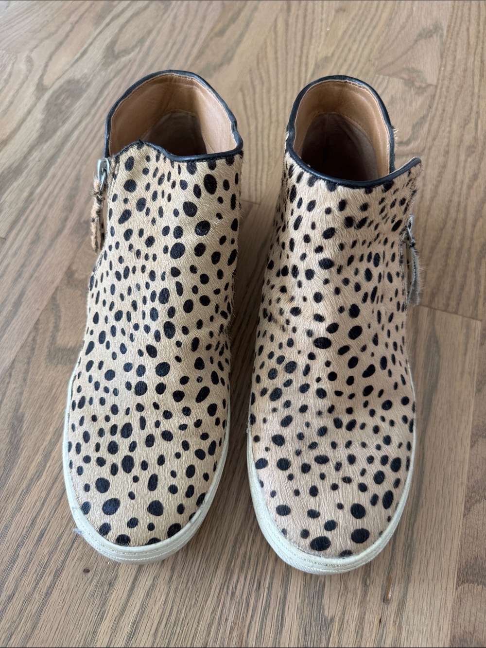 Crown Vintage Tan and Black Real Cow Fur Ankle Zip Sneakers